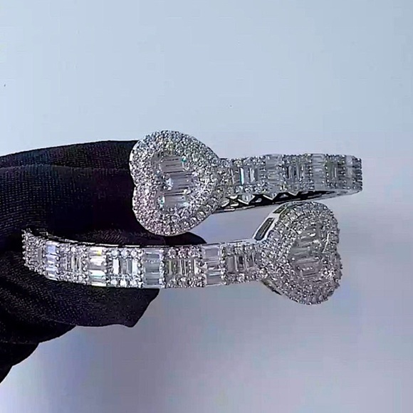 Open Heart Silver Baguette Iced Out Cubic Zircon Diamond Bangle Cuff Bracelet - Picture 1 of 13